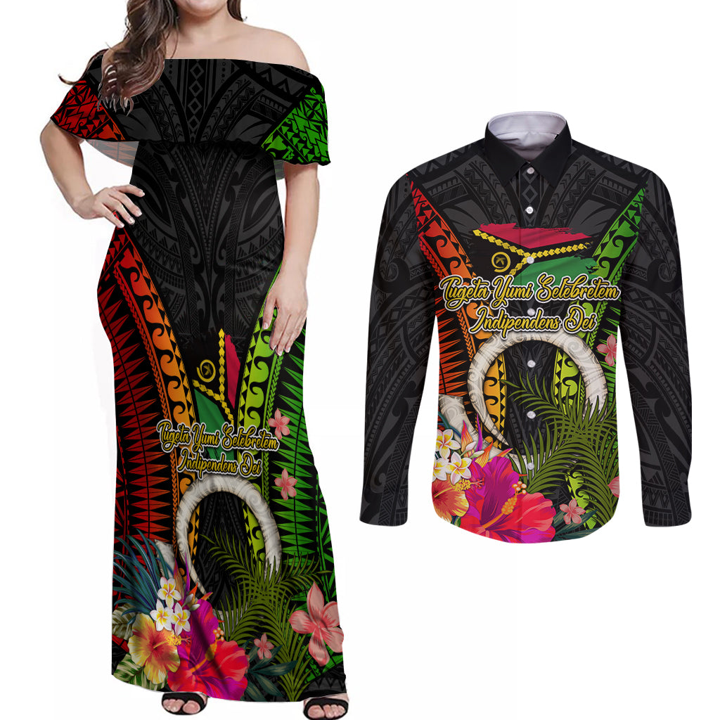 Vanuatu Independence Day Couples Matching Off Shoulder Maxi Dress and Long Sleeve Button Shirt Tugeta Yumi Selebretem Indipendens Dei