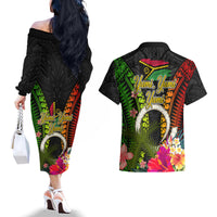 Vanuatu Independence Day Couples Matching Off The Shoulder Long Sleeve Dress and Hawaiian Shirt Tugeta Yumi Selebretem Indipendens Dei
