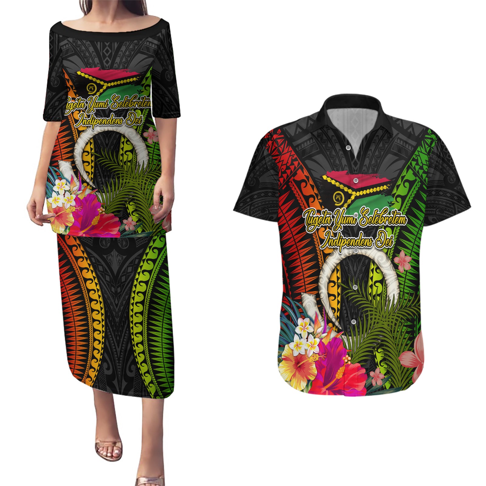 Vanuatu Independence Day Couples Matching Puletasi and Hawaiian Shirt Tugeta Yumi Selebretem Indipendens Dei