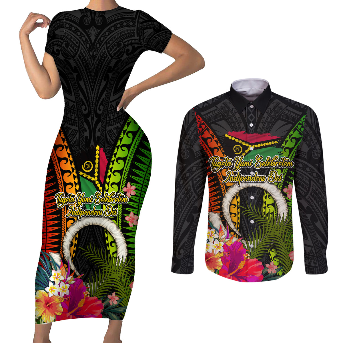 Vanuatu Independence Day Couples Matching Short Sleeve Bodycon Dress and Long Sleeve Button Shirt Tugeta Yumi Selebretem Indipendens Dei