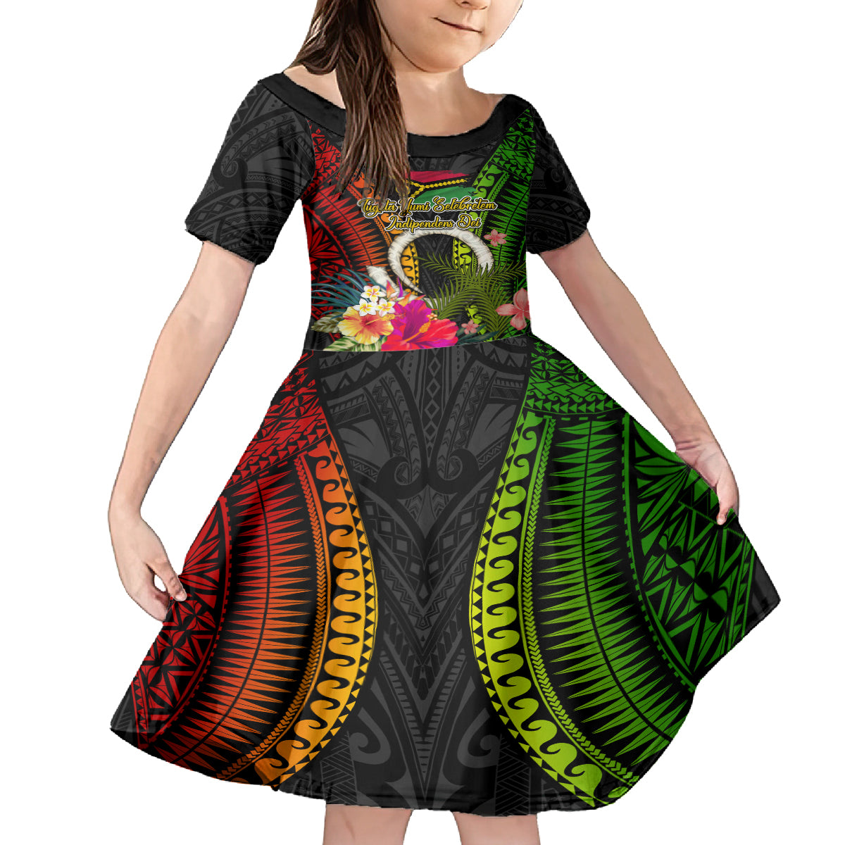 Vanuatu Independence Day Family Matching Off The Shoulder Long Sleeve Dress and Hawaiian Shirt Tugeta Yumi Selebretem Indipendens Dei LT03 Daughter's Dress Black - Polynesian Pride