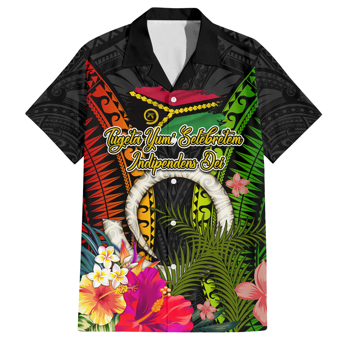 Vanuatu Independence Day Family Matching Off The Shoulder Long Sleeve Dress and Hawaiian Shirt Tugeta Yumi Selebretem Indipendens Dei LT03 Dad's Shirt - Short Sleeve Black - Polynesian Pride