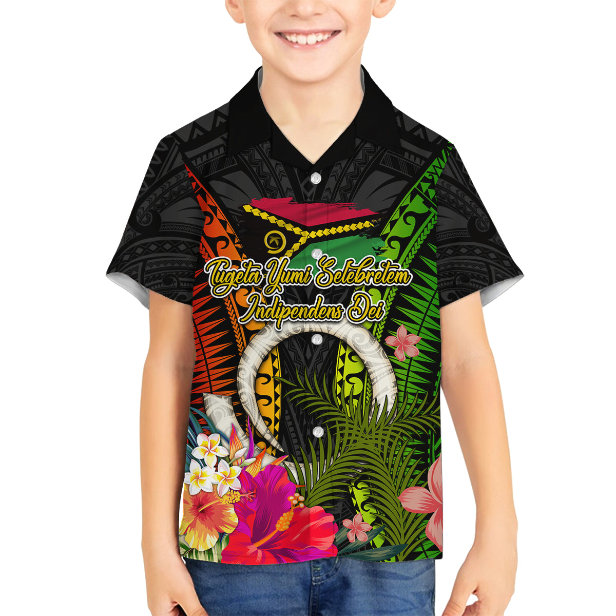 Vanuatu Independence Day Family Matching Off The Shoulder Long Sleeve Dress and Hawaiian Shirt Tugeta Yumi Selebretem Indipendens Dei LT03 Son's Shirt Black - Polynesian Pride