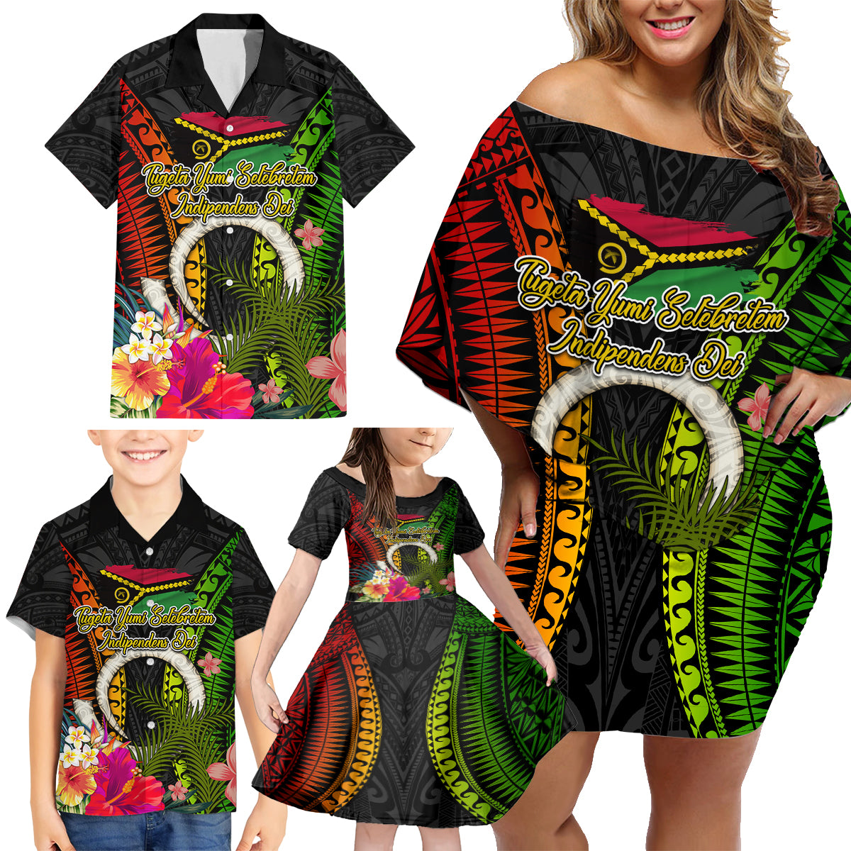 Vanuatu Independence Day Family Matching Off Shoulder Short Dress and Hawaiian Shirt Tugeta Yumi Selebretem Indipendens Dei