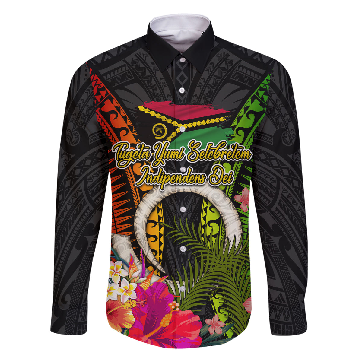Vanuatu Independence Day Family Matching Off Shoulder Short Dress and Hawaiian Shirt Tugeta Yumi Selebretem Indipendens Dei LT03 Dad's Shirt - Long Sleeve Black - Polynesian Pride