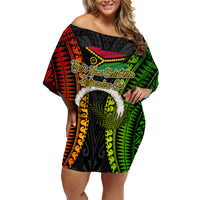 Vanuatu Independence Day Family Matching Off Shoulder Short Dress and Hawaiian Shirt Tugeta Yumi Selebretem Indipendens Dei LT03 Mom's Dress Black - Polynesian Pride