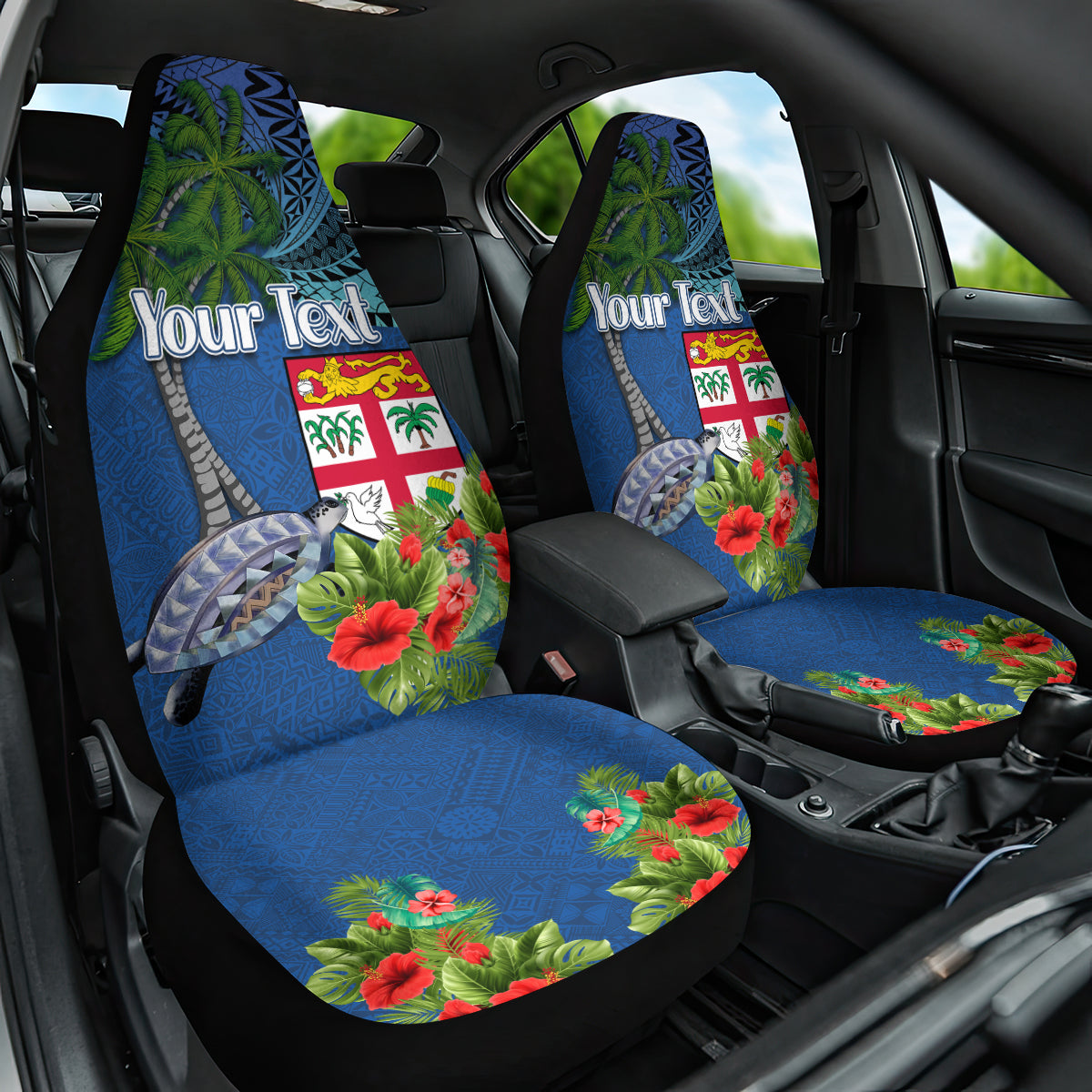 Personalised Fiji Independence Day Car Seat Cover Fijian Coat of Arms Palm and Hibiscus Tapa Pattern LT03 One Size Blue - Polynesian Pride