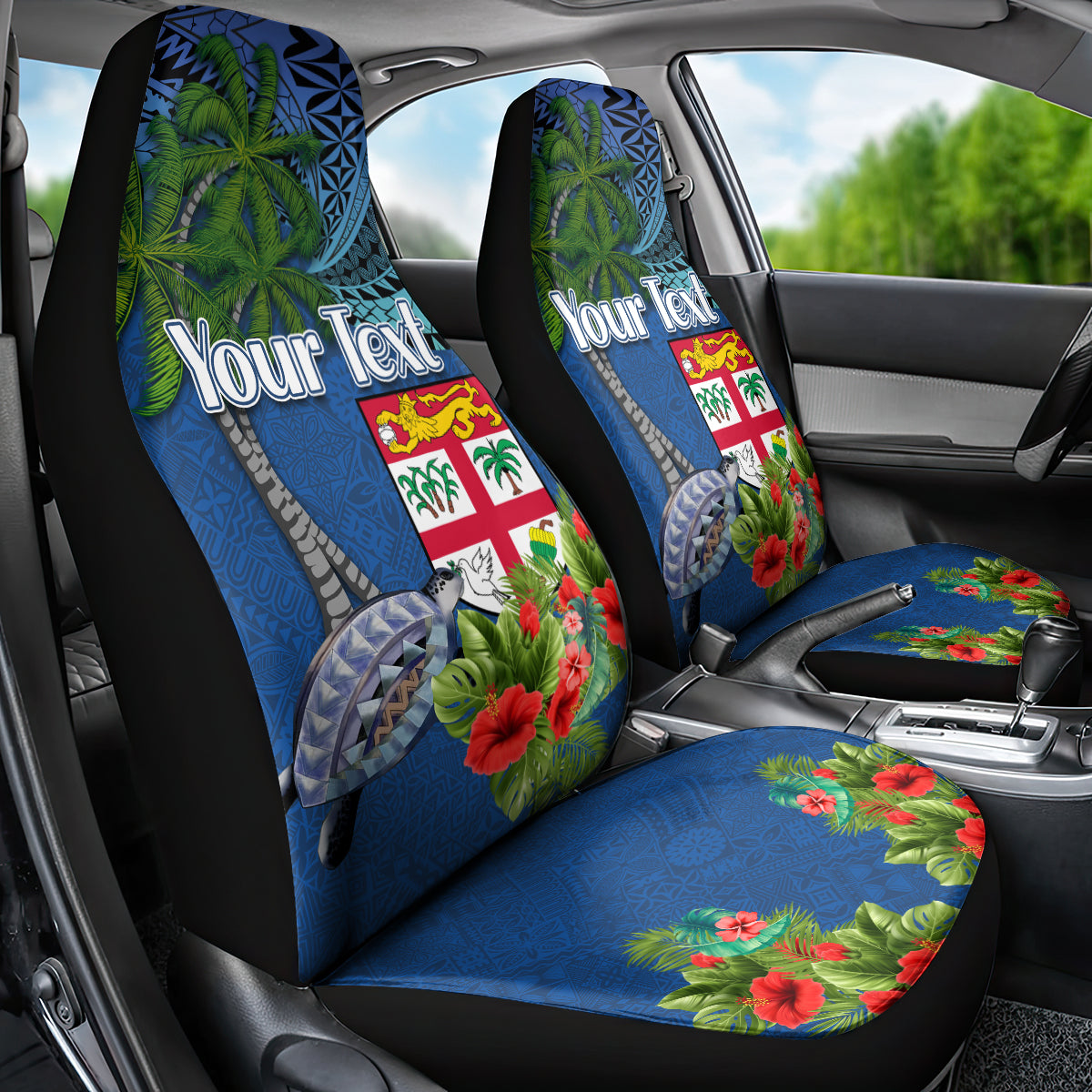 Personalised Fiji Independence Day Car Seat Cover Fijian Coat of Arms Palm and Hibiscus Tapa Pattern LT03 - Polynesian Pride