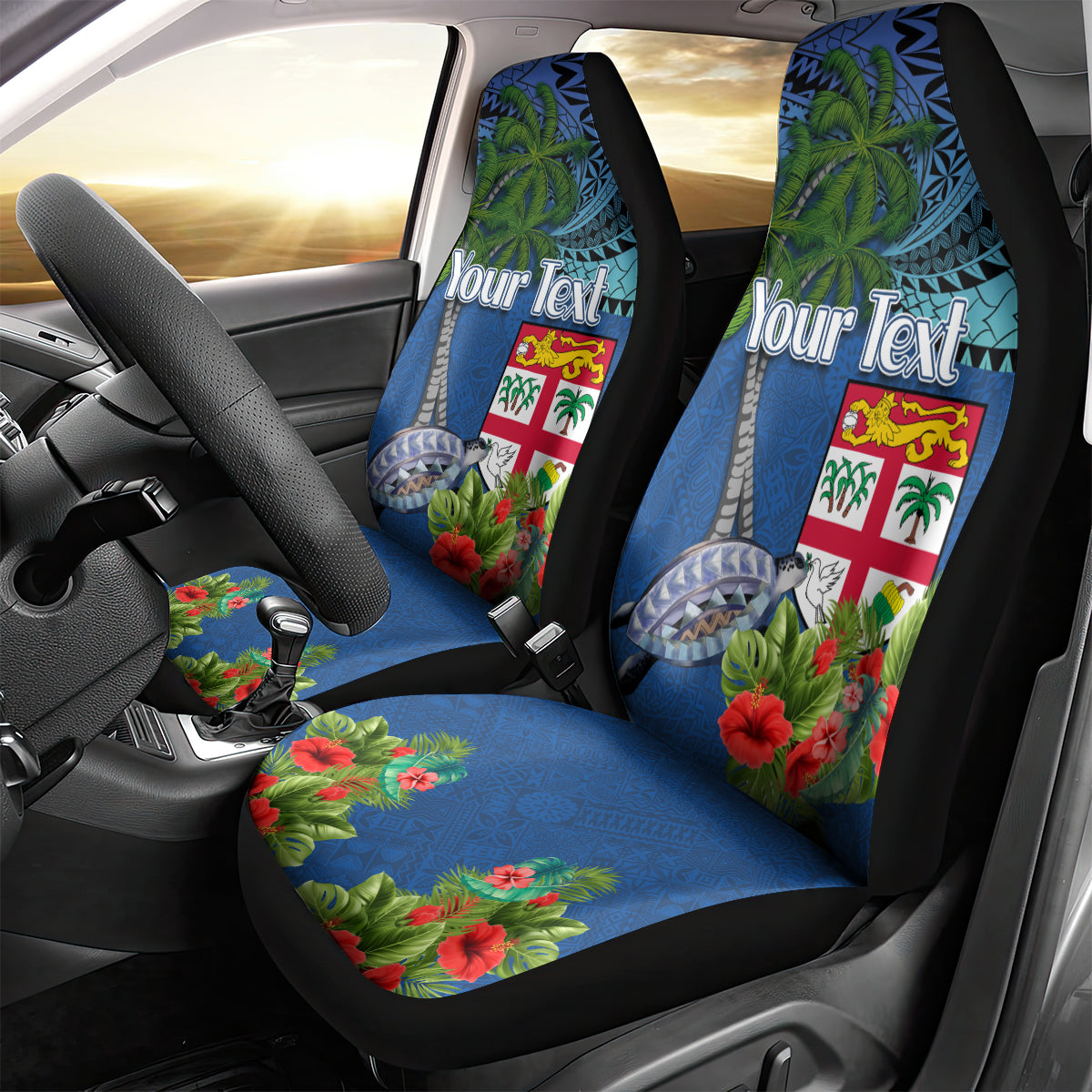 Personalised Fiji Independence Day Car Seat Cover Fijian Coat of Arms Palm and Hibiscus Tapa Pattern LT03 - Polynesian Pride