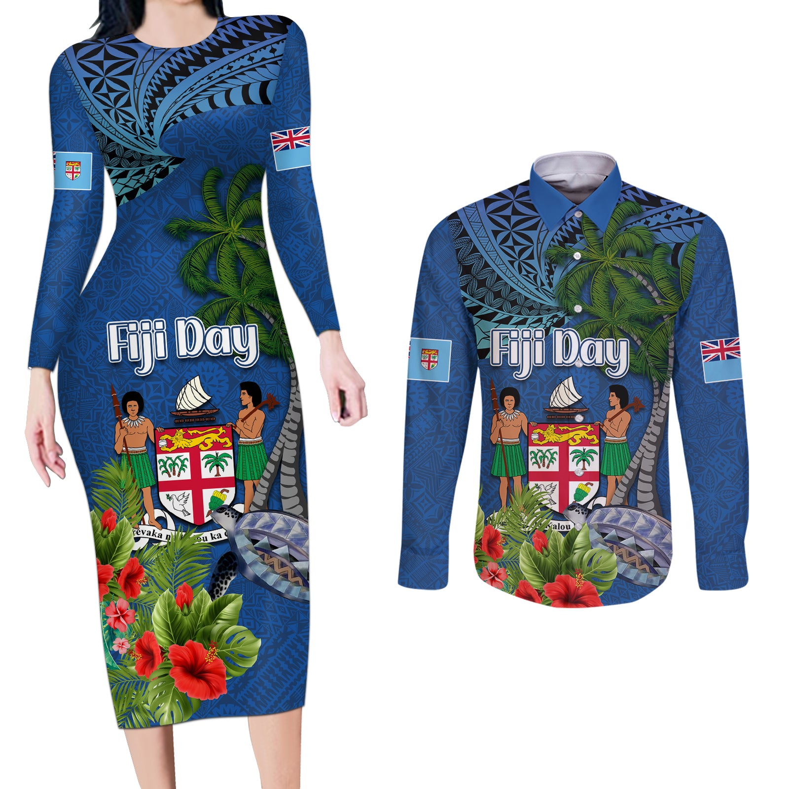 Fiji Independence Day Couples Matching Long Sleeve Bodycon Dress and Long Sleeve Button Shirt Fijian Coat of Arms Palm and Hibiscus Tapa Pattern