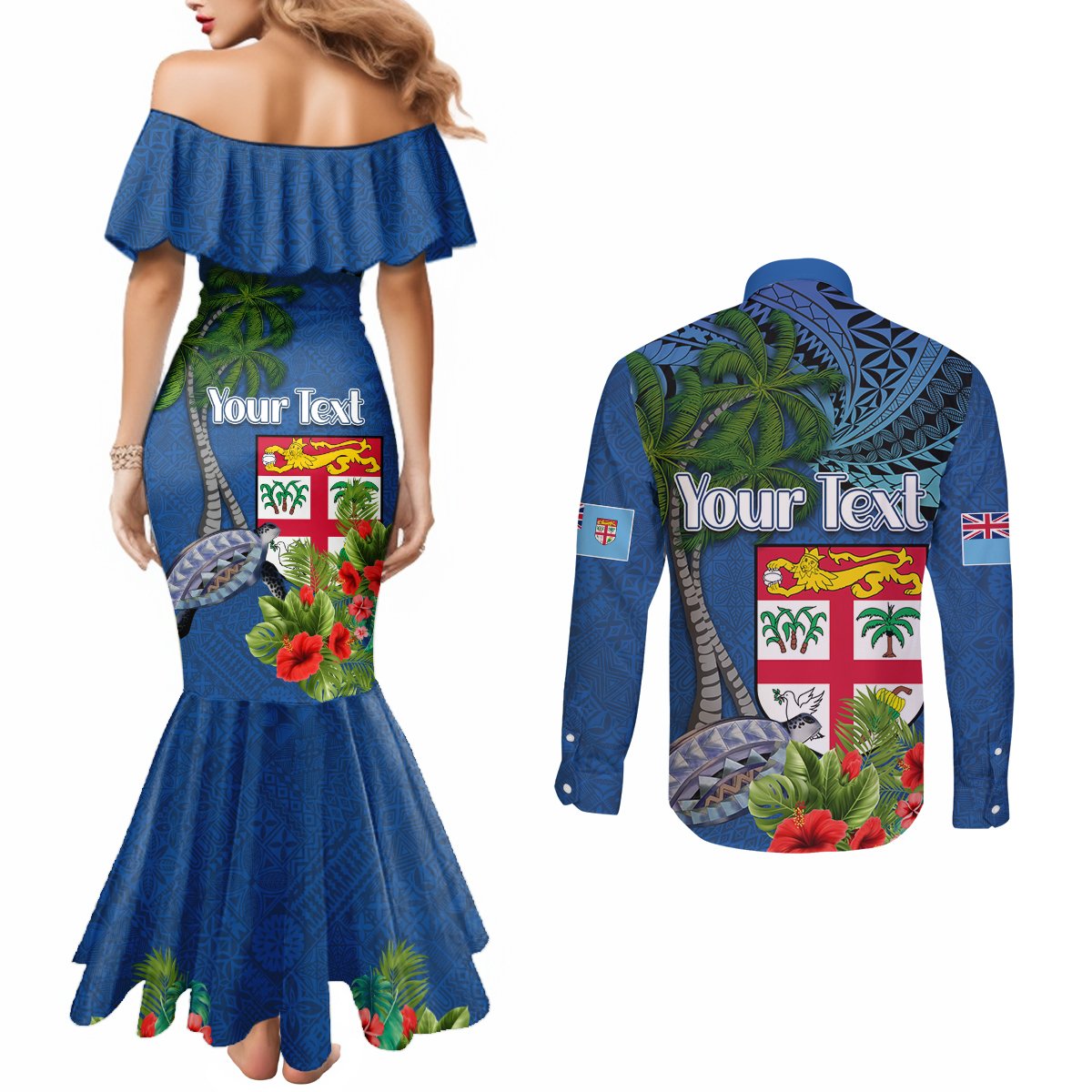 Personalised Fiji Independence Day Couples Matching Mermaid Dress and Long Sleeve Button Shirt Fijian Coat of Arms Palm and Hibiscus Tapa Pattern LT03 - Polynesian Pride