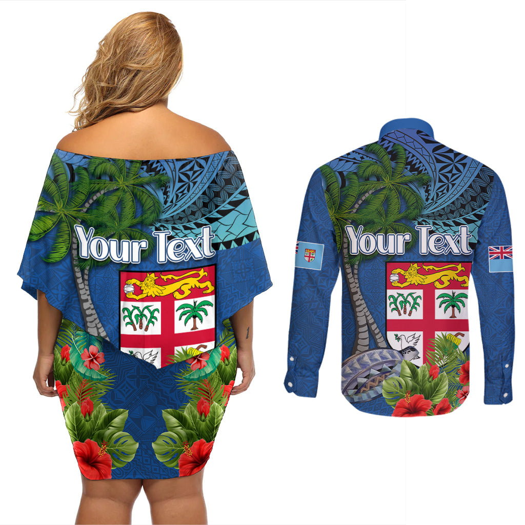 Fiji Independence Day Couples Matching Off Shoulder Short Dress and Long Sleeve Button Shirt Fijian Coat of Arms Palm and Hibiscus Tapa Pattern