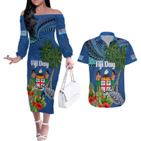 Personalised Fiji Independence Day Couples Matching Off The Shoulder Long Sleeve Dress and Hawaiian Shirt Fijian Coat of Arms Palm and Hibiscus Tapa Pattern LT03 Blue - Polynesian Pride
