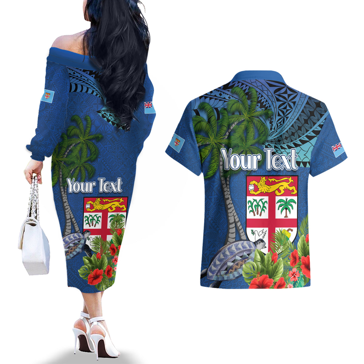 Personalised Fiji Independence Day Couples Matching Off The Shoulder Long Sleeve Dress and Hawaiian Shirt Fijian Coat of Arms Palm and Hibiscus Tapa Pattern LT03 - Polynesian Pride