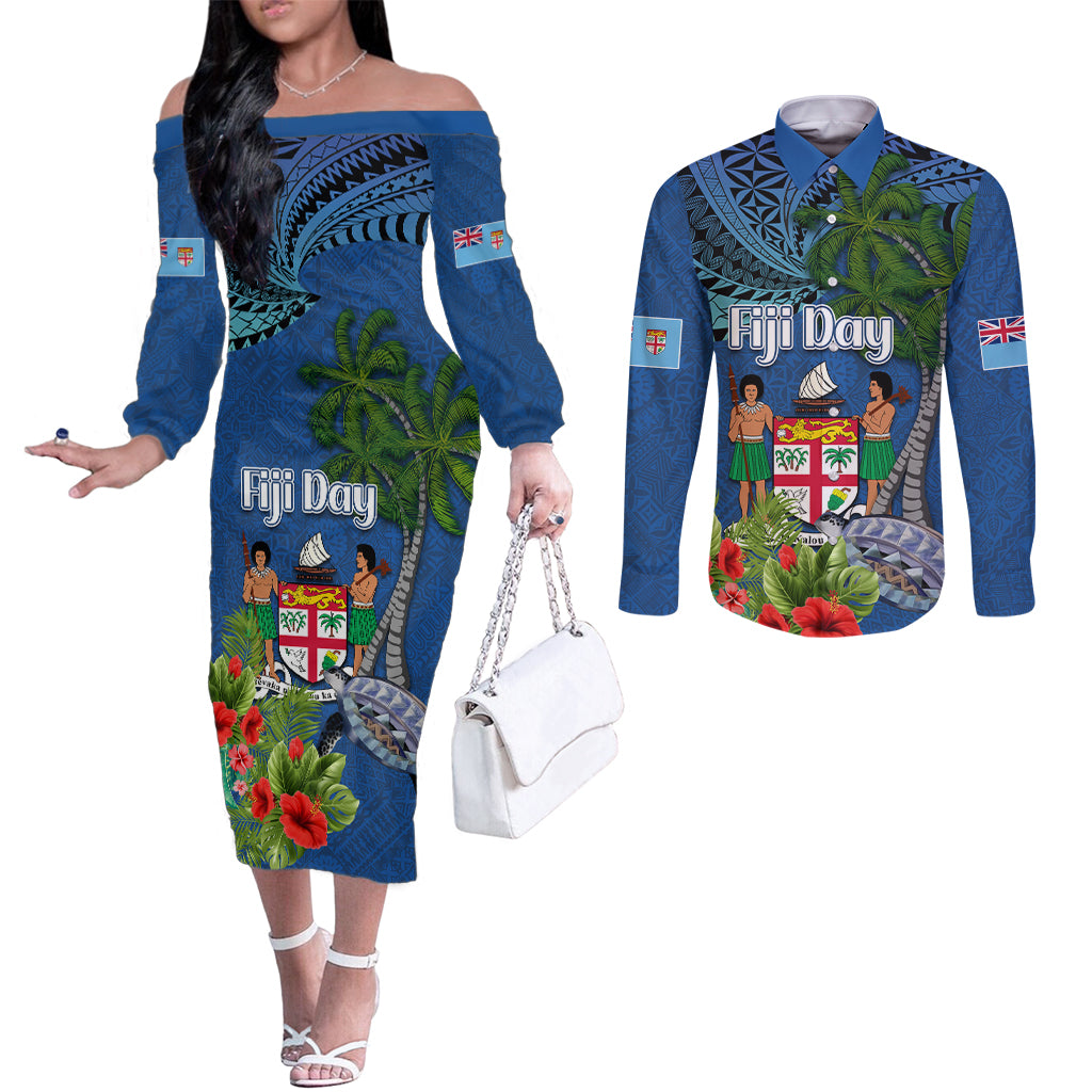 Personalised Fiji Independence Day Couples Matching Off The Shoulder Long Sleeve Dress and Long Sleeve Button Shirt Fijian Coat of Arms Palm and Hibiscus Tapa Pattern LT03 Blue - Polynesian Pride