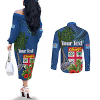 Personalised Fiji Independence Day Couples Matching Off The Shoulder Long Sleeve Dress and Long Sleeve Button Shirt Fijian Coat of Arms Palm and Hibiscus Tapa Pattern LT03 - Polynesian Pride