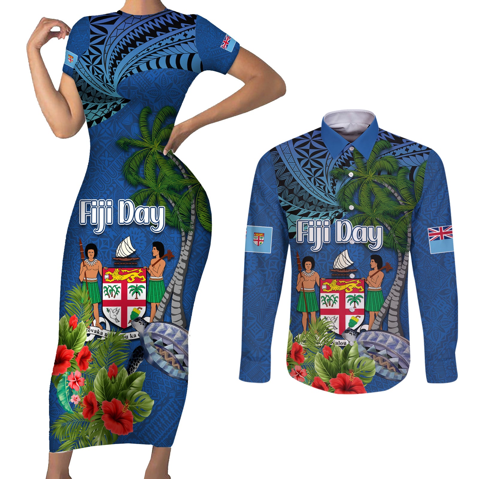 Fiji Independence Day Couples Matching Short Sleeve Bodycon Dress and Long Sleeve Button Shirt Fijian Coat of Arms Palm and Hibiscus Tapa Pattern