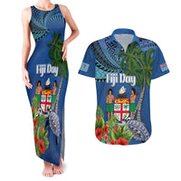 Personalised Fiji Independence Day Couples Matching Tank Maxi Dress and Hawaiian Shirt Fijian Coat of Arms Palm and Hibiscus Tapa Pattern LT03 Blue - Polynesian Pride