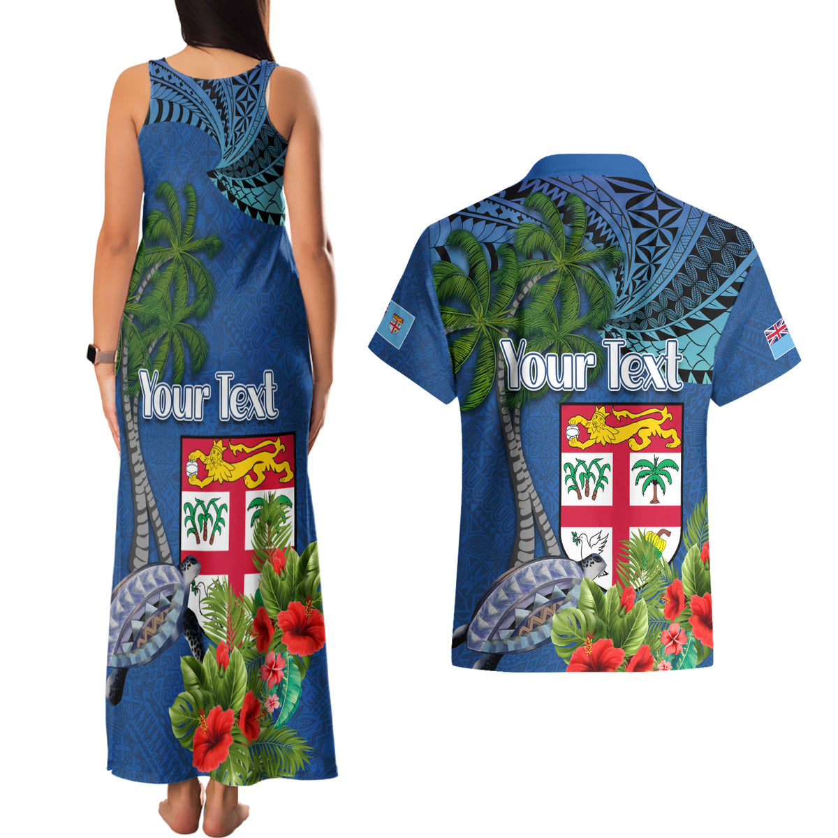 Personalised Fiji Independence Day Couples Matching Tank Maxi Dress and Hawaiian Shirt Fijian Coat of Arms Palm and Hibiscus Tapa Pattern LT03 - Polynesian Pride