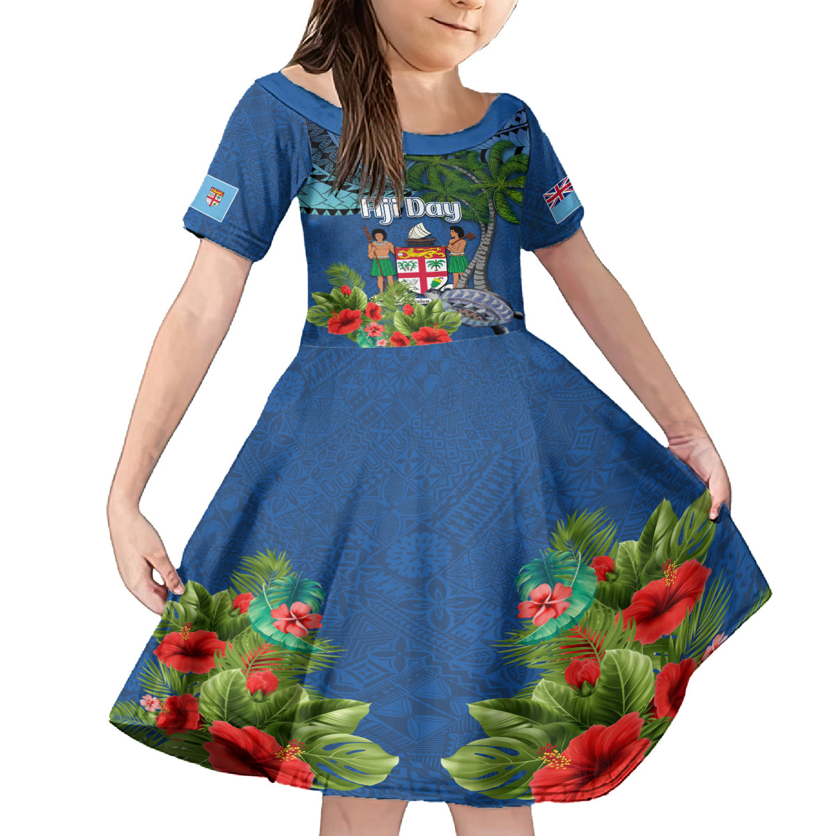 Personalised Fiji Independence Day Family Matching Off The Shoulder Long Sleeve Dress and Hawaiian Shirt Fijian Coat of Arms Palm and Hibiscus Tapa Pattern LT03 Daughter's Dress Blue - Polynesian Pride