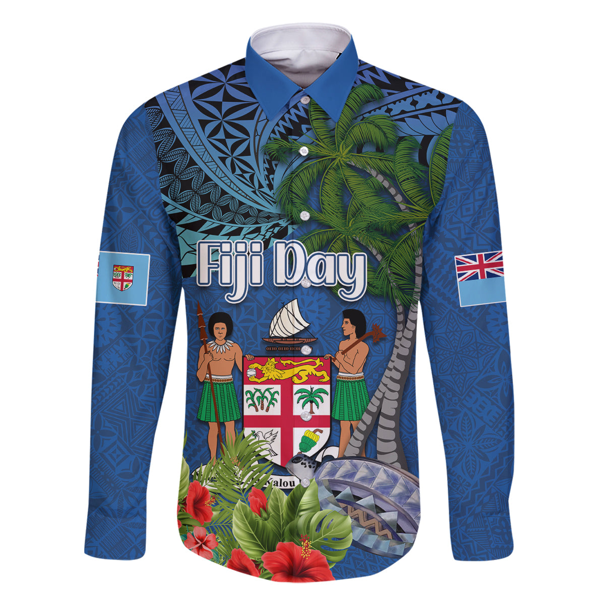 Personalised Fiji Independence Day Family Matching Off The Shoulder Long Sleeve Dress and Hawaiian Shirt Fijian Coat of Arms Palm and Hibiscus Tapa Pattern LT03 Dad's Shirt - Long Sleeve Blue - Polynesian Pride