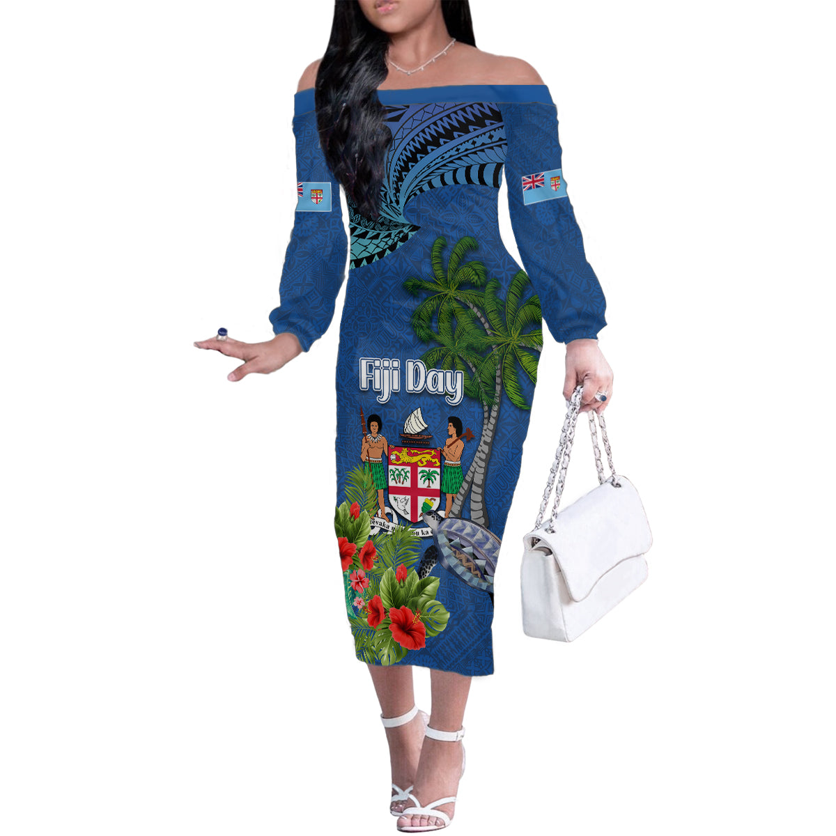 Personalised Fiji Independence Day Family Matching Off The Shoulder Long Sleeve Dress and Hawaiian Shirt Fijian Coat of Arms Palm and Hibiscus Tapa Pattern LT03 Mom's Dress Blue - Polynesian Pride