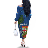 Personalised Fiji Independence Day Family Matching Off The Shoulder Long Sleeve Dress and Hawaiian Shirt Fijian Coat of Arms Palm and Hibiscus Tapa Pattern LT03 - Polynesian Pride
