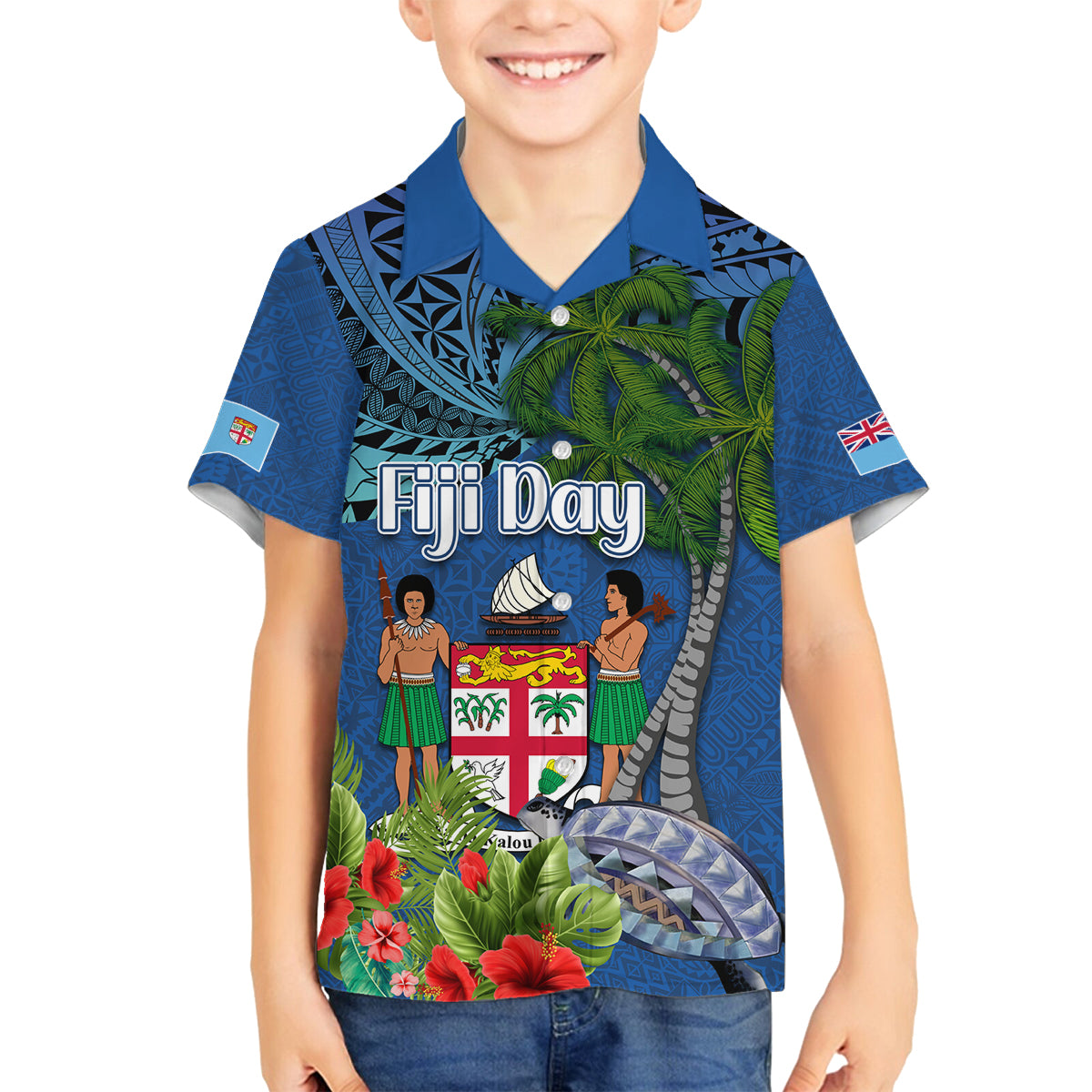 Personalised Fiji Independence Day Family Matching Off The Shoulder Long Sleeve Dress and Hawaiian Shirt Fijian Coat of Arms Palm and Hibiscus Tapa Pattern LT03 Son's Shirt Blue - Polynesian Pride