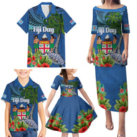 Personalised Fiji Independence Day Family Matching Puletasi and Hawaiian Shirt Fijian Coat of Arms Palm and Hibiscus Tapa Pattern LT03 - Polynesian Pride