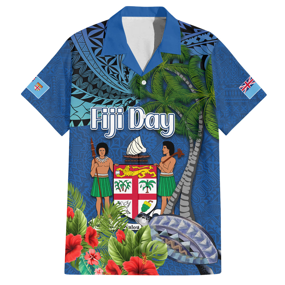 Personalised Fiji Independence Day Family Matching Puletasi and Hawaiian Shirt Fijian Coat of Arms Palm and Hibiscus Tapa Pattern LT03 Dad's Shirt - Short Sleeve Blue - Polynesian Pride