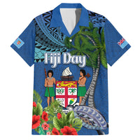 Personalised Fiji Independence Day Family Matching Summer Maxi Dress and Hawaiian Shirt Fijian Coat of Arms Palm and Hibiscus Tapa Pattern LT03 Dad's Shirt - Short Sleeve Blue - Polynesian Pride