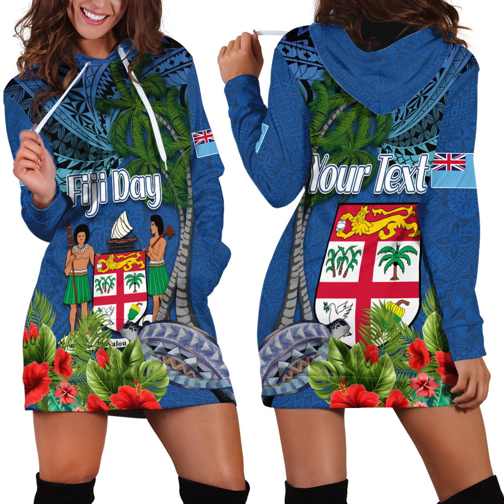 Personalised Fiji Independence Day Hoodie Dress Fijian Coat of Arms Palm and Hibiscus Tapa Pattern LT03 - Polynesian Pride