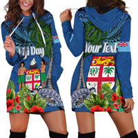 Personalised Fiji Independence Day Hoodie Dress Fijian Coat of Arms Palm and Hibiscus Tapa Pattern LT03 - Polynesian Pride