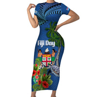 Personalised Fiji Independence Day Short Sleeve Bodycon Dress Fijian Coat of Arms Palm and Hibiscus Tapa Pattern LT03 Long Dress Blue - Polynesian Pride