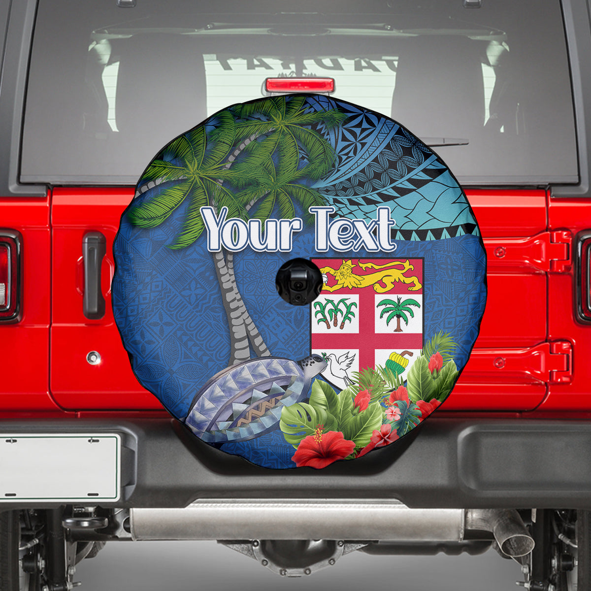Personalised Fiji Independence Day Spare Tire Cover Fijian Coat of Arms Palm and Hibiscus Tapa Pattern LT03 - Polynesian Pride