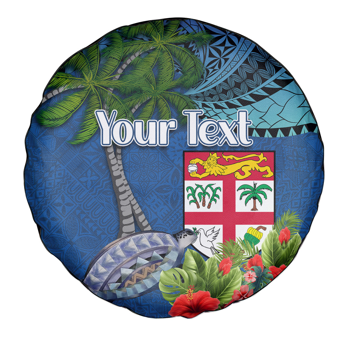 Personalised Fiji Independence Day Spare Tire Cover Fijian Coat of Arms Palm and Hibiscus Tapa Pattern LT03 - Polynesian Pride