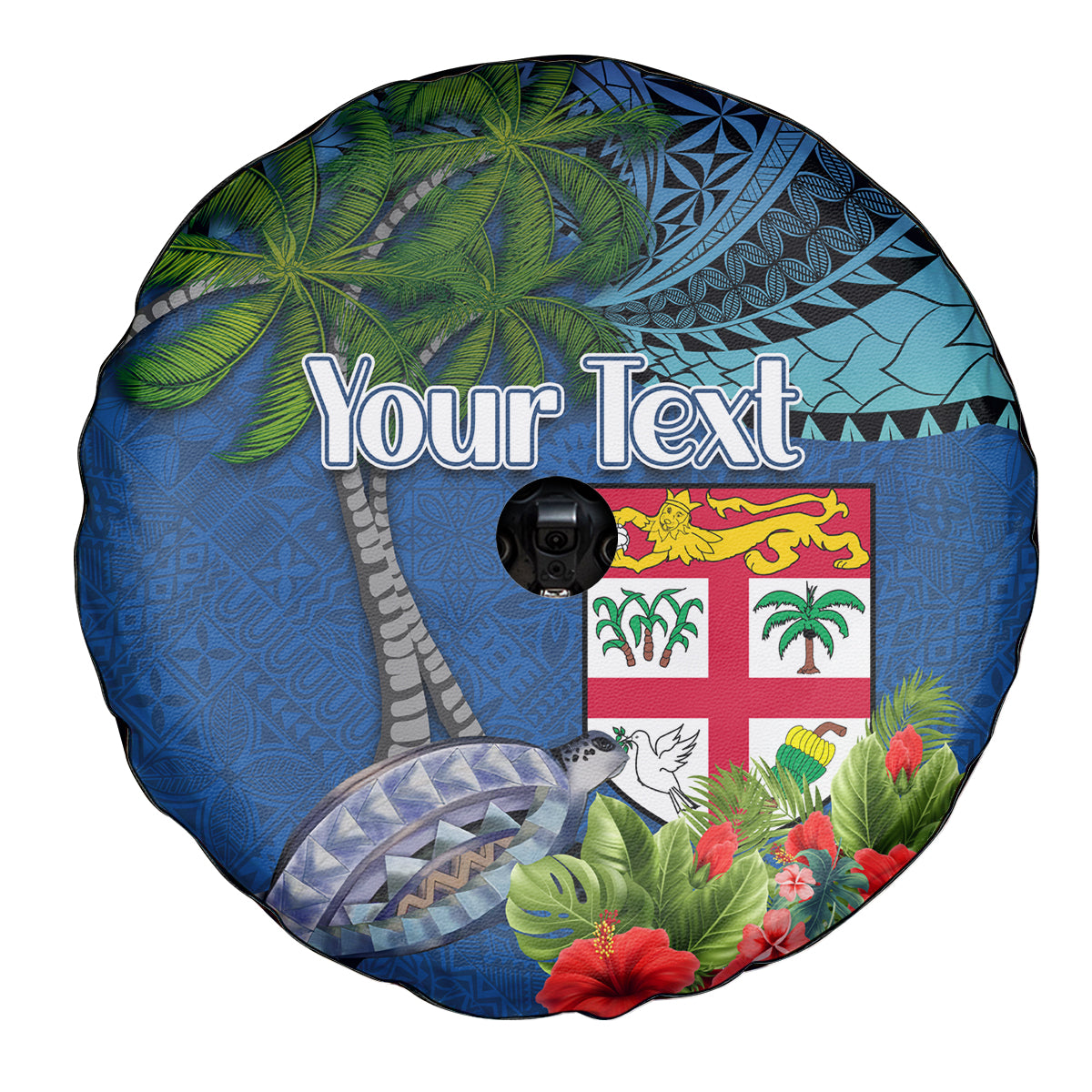Personalised Fiji Independence Day Spare Tire Cover Fijian Coat of Arms Palm and Hibiscus Tapa Pattern LT03 - Polynesian Pride