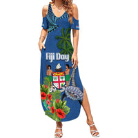 Fiji Independence Day Summer Maxi Dress Fijian Coat of Arms Palm and Hibiscus Tapa Pattern