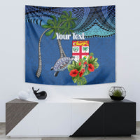 Personalised Fiji Independence Day Tapestry Fijian Coat of Arms Palm and Hibiscus Tapa Pattern