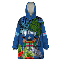 Personalised Fiji Independence Day Wearable Blanket Hoodie Fijian Coat of Arms Palm and Hibiscus Tapa Pattern LT03 One Size Blue - Polynesian Pride
