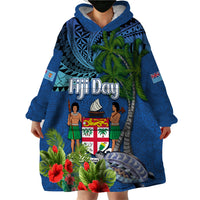 Personalised Fiji Independence Day Wearable Blanket Hoodie Fijian Coat of Arms Palm and Hibiscus Tapa Pattern LT03 - Polynesian Pride