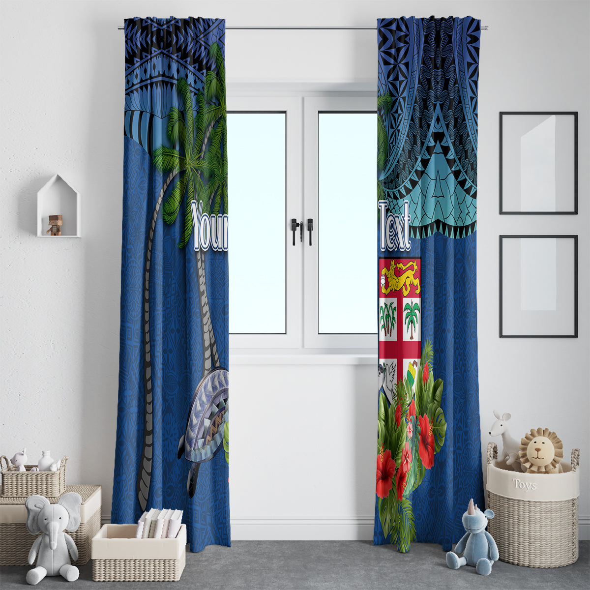 Personalised Fiji Independence Day Window Curtain Fijian Coat of Arms Palm and Hibiscus Tapa Pattern