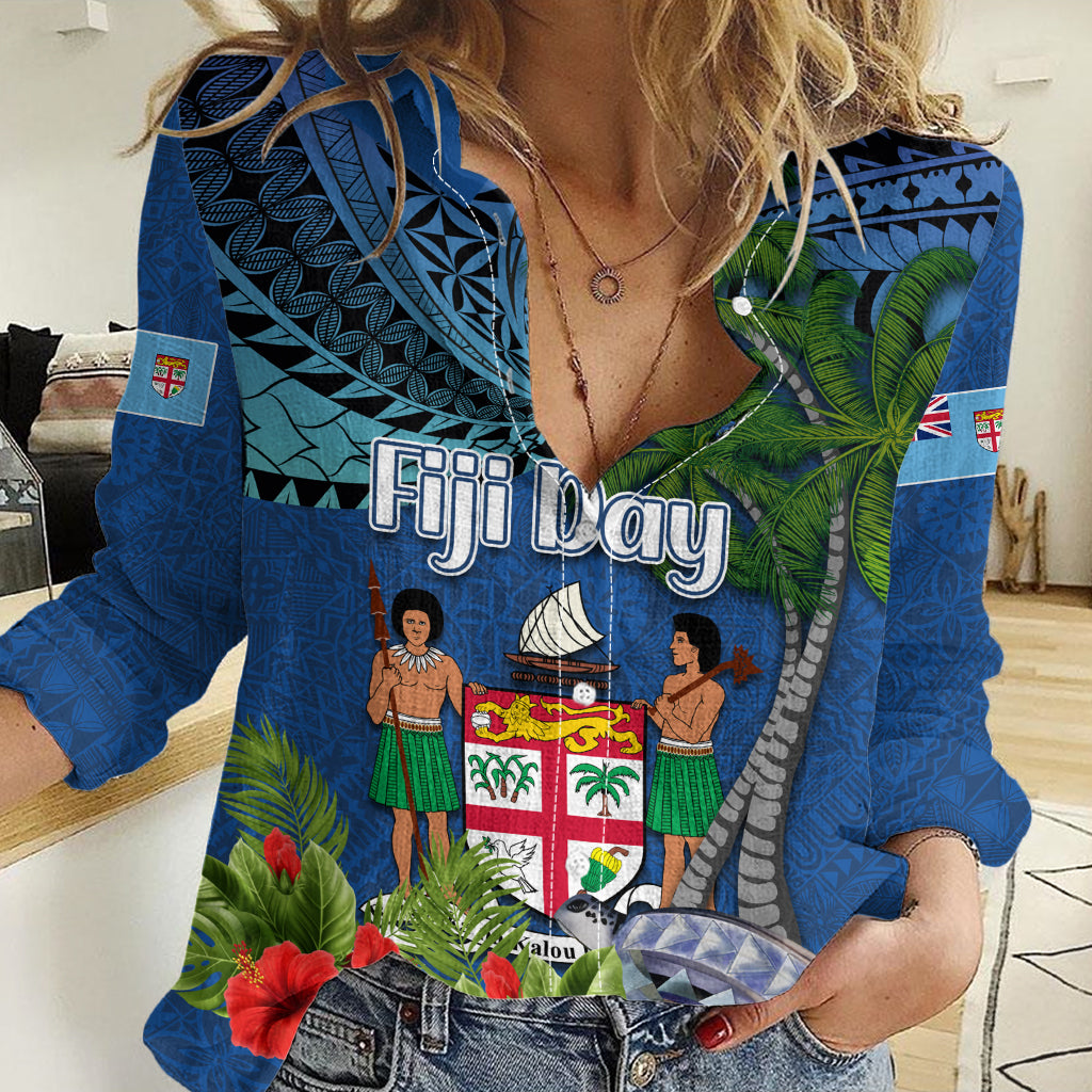 Personalised Fiji Independence Day Women Casual Shirt Fijian Coat of Arms Palm and Hibiscus Tapa Pattern LT03 Female Blue - Polynesian Pride