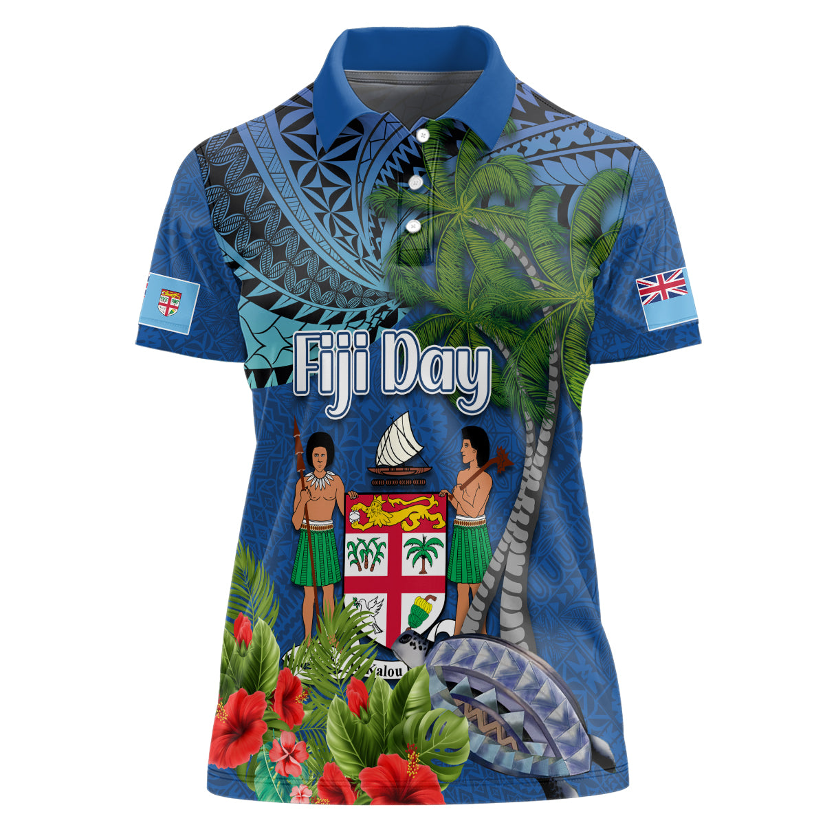 Personalised Fiji Independence Day Women Polo Shirt Fijian Coat of Arms Palm and Hibiscus Tapa Pattern LT03 Female Blue - Polynesian Pride