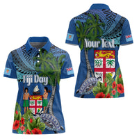Personalised Fiji Independence Day Women Polo Shirt Fijian Coat of Arms Palm and Hibiscus Tapa Pattern LT03 - Polynesian Pride