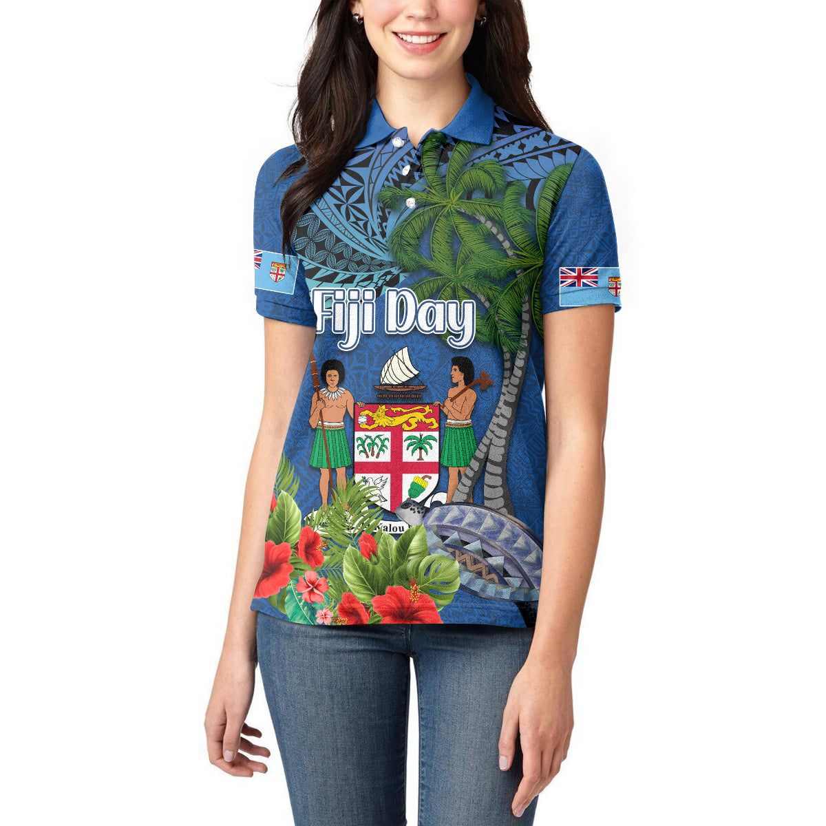 Personalised Fiji Independence Day Women Polo Shirt Fijian Coat of Arms Palm and Hibiscus Tapa Pattern LT03 - Polynesian Pride