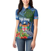 Personalised Fiji Independence Day Women Polo Shirt Fijian Coat of Arms Palm and Hibiscus Tapa Pattern LT03 - Polynesian Pride