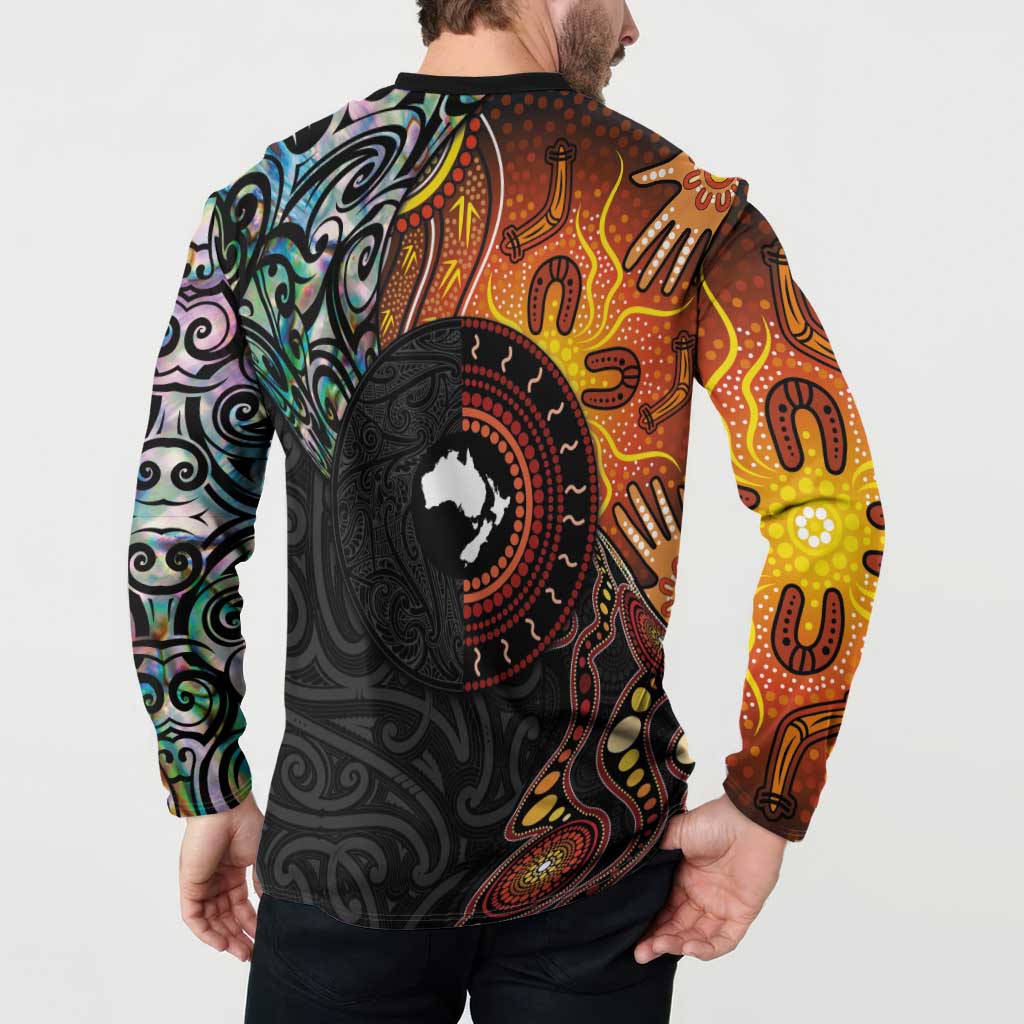 New Zealand and Australia Together Button Sweatshirt Maori Tattoo Paua Shell mix Aboriginal Pattern