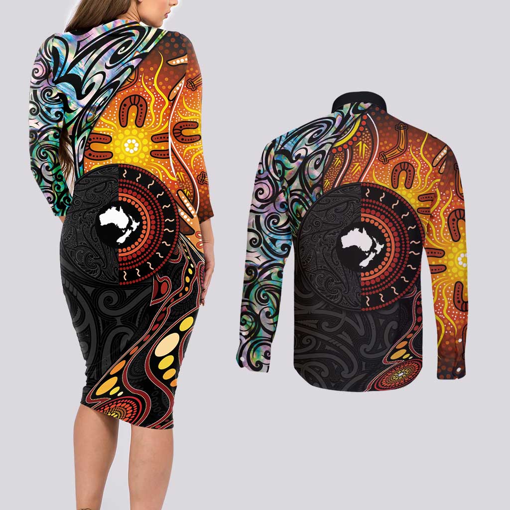 New Zealand and Australia Together Couples Matching Long Sleeve Bodycon Dress and Long Sleeve Button Shirt Maori Tattoo Paua Shell mix Aboriginal Pattern LT03 - Polynesian Pride