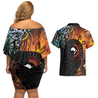 New Zealand and Australia Together Couples Matching Off Shoulder Short Dress and Hawaiian Shirt Maori Tattoo Paua Shell mix Aboriginal Pattern LT03 - Polynesian Pride